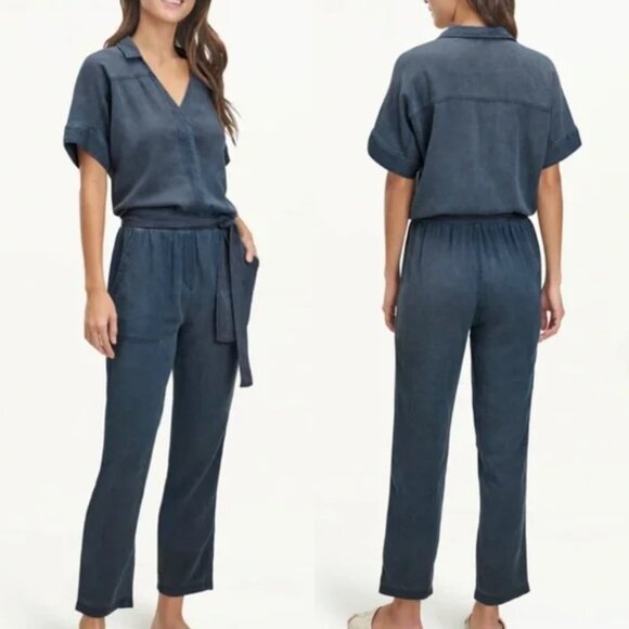Splendid Navy Soleil Jumpsuit Tie Waist Short Sleeve Collared - Picture 1 of 14